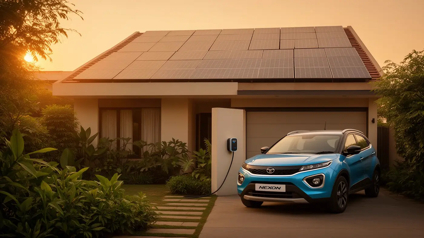 Tata Nexon EV charging at a Delhi home with rooftop solar panels at sunset