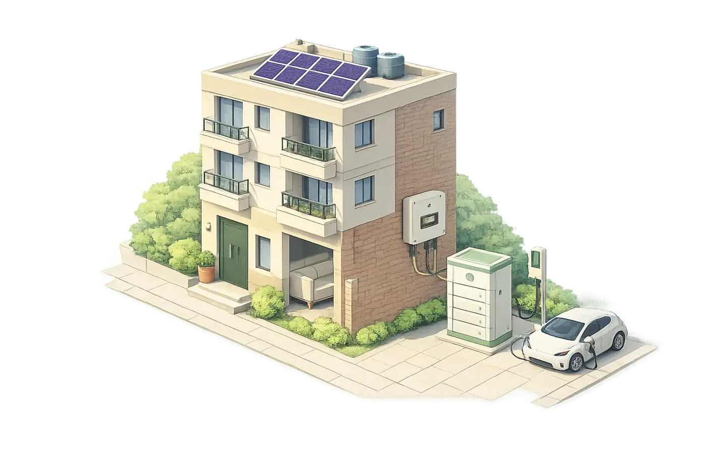 Indian home with rooftop solar panels, hybrid inverter, battery storage and EV charger