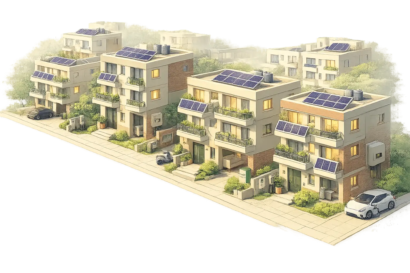 Solar colony with multiple Indian homes fitted with rooftop solar panels
