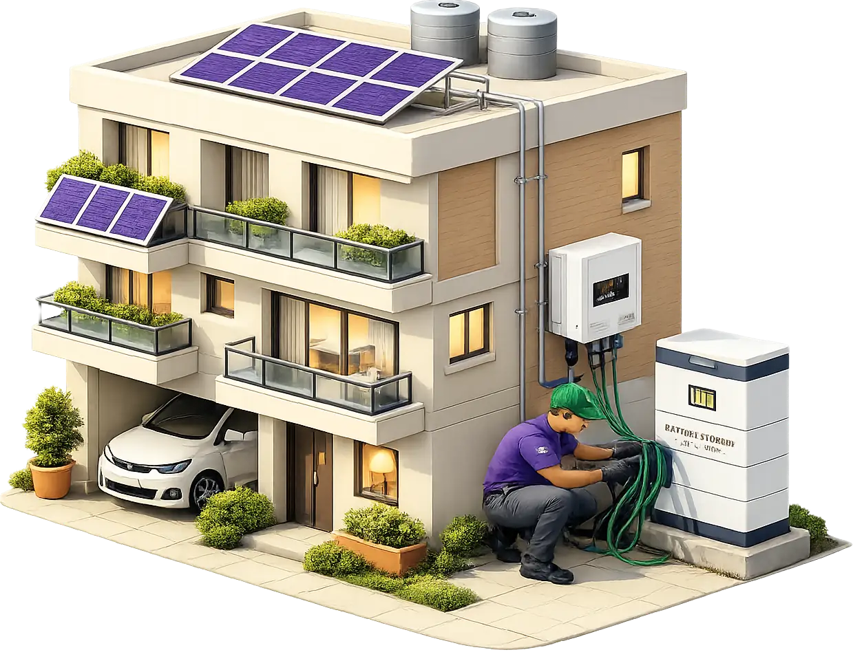 Technician wiring battery storage unit at residential building