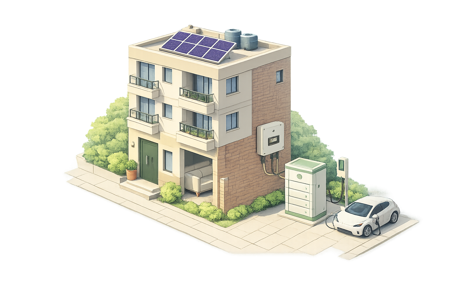 Indian home with rooftop solar panels, hybrid inverter, battery storage and EV charger