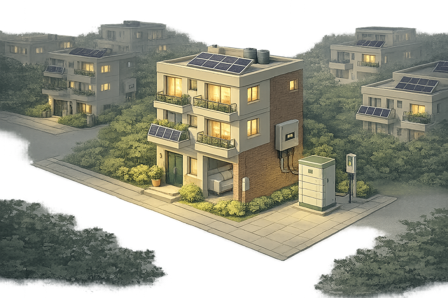 Rooftop solar neighborhood at dusk in Delhi NCR