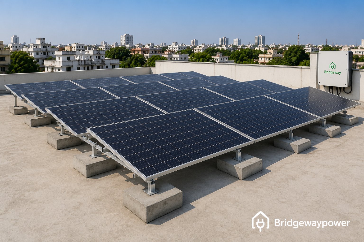 Ballasted rooftop solar array on concrete block footings — Bridgeway installation
