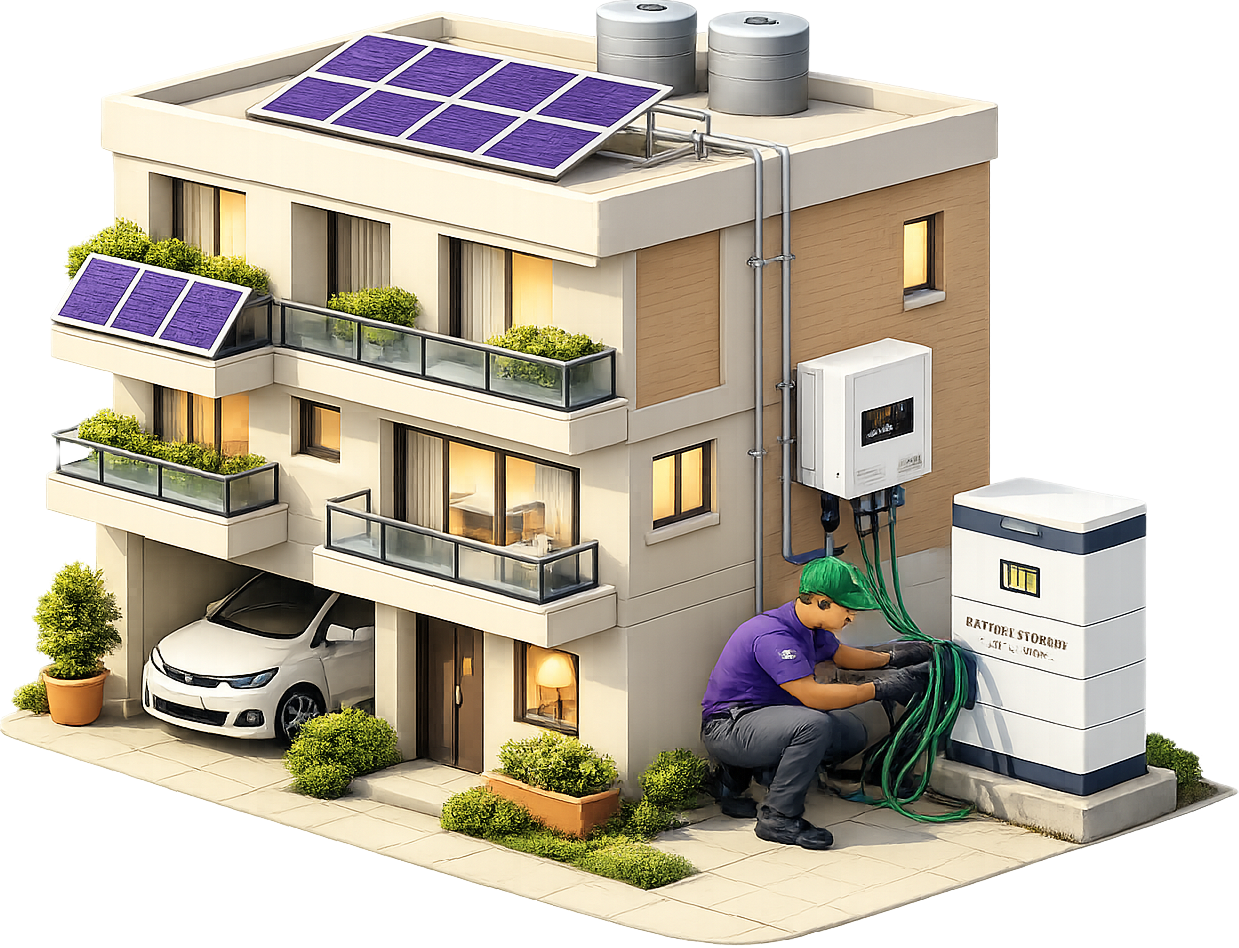 Technician wiring battery storage unit at residential building