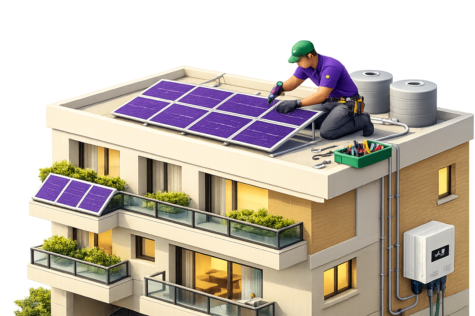 Rooftop solar panels in Delhi covered with morning winter fog showing seasonal generation impact