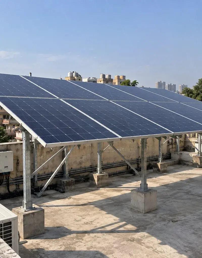 DCR solar panels on an elevated structure at a Bridgeway rooftop solar installation in Delhi NCR