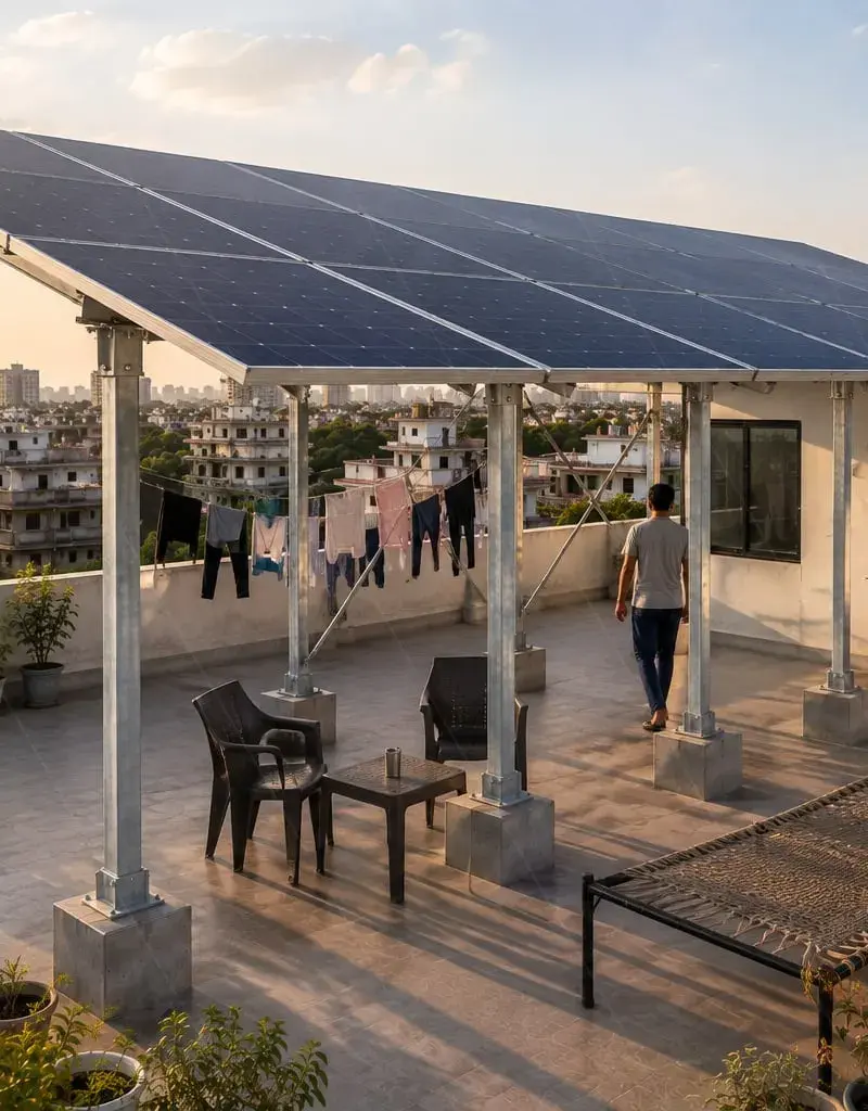 Elevated rooftop solar structure on a Delhi home terrace — free rooftop solar delhi under the 2026 solar policy