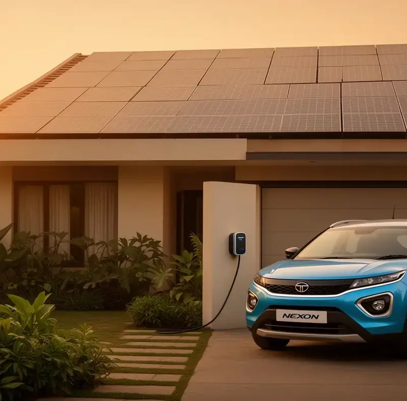 Tata Nexon EV charging at a Delhi home with rooftop solar panels at sunset