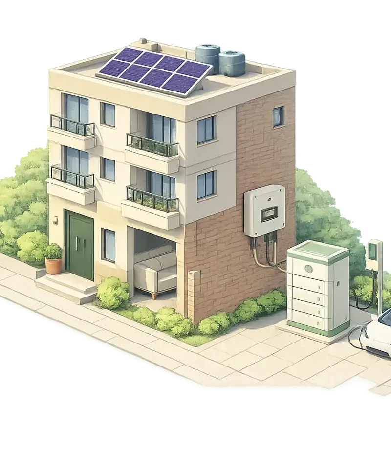 Indian home with rooftop solar panels, hybrid inverter, battery storage and EV charger