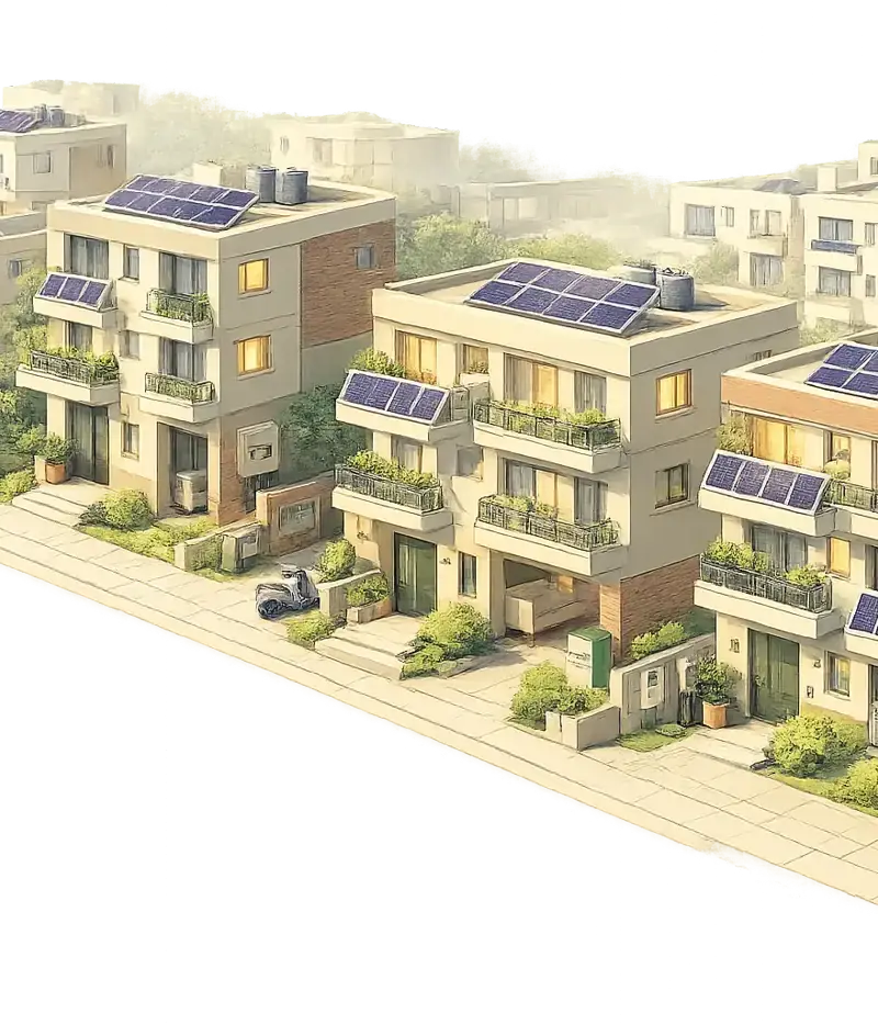 Solar colony with multiple Indian homes fitted with rooftop solar panels