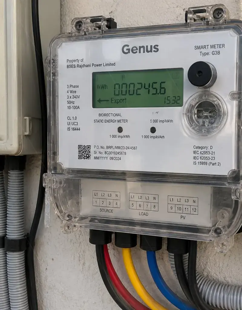 Genus bidirectional net meter for BSES Rajdhani showing the export reading at a Delhi rooftop solar installation