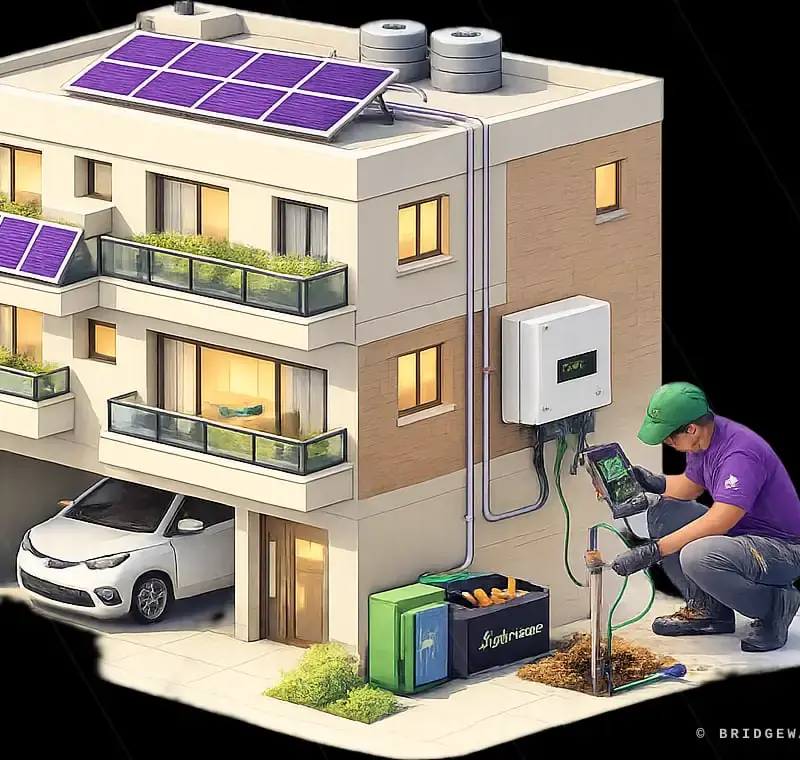 Bridgeway technician inspecting a rooftop solar inverter during a scheduled maintenance visit in Delhi NCR