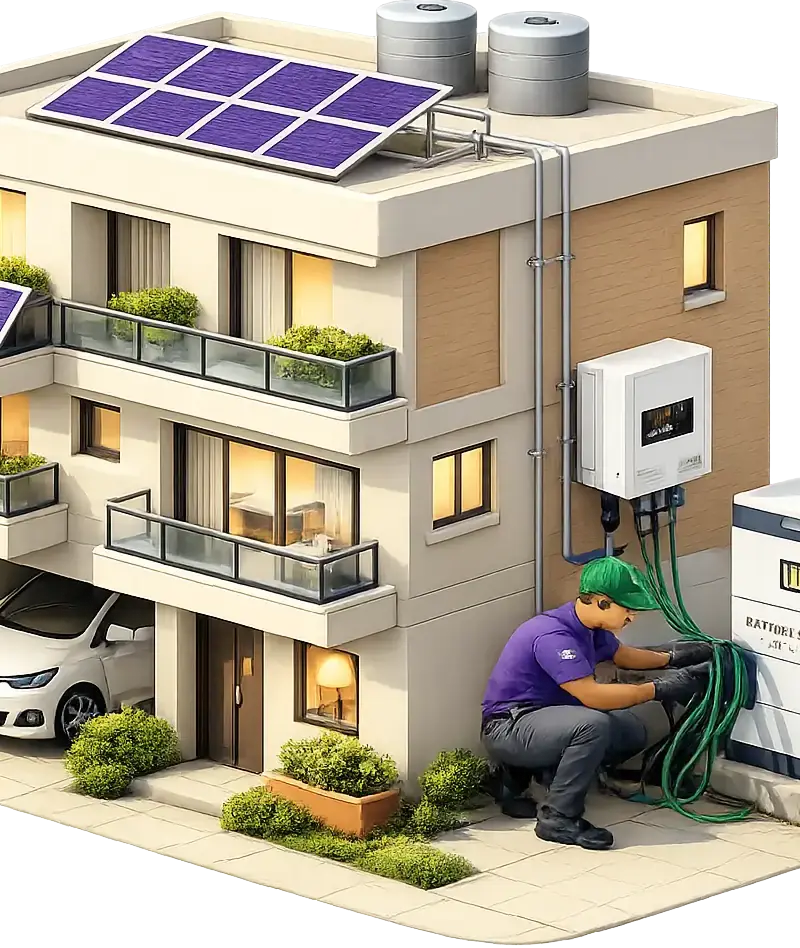 Technician wiring battery storage unit at residential building