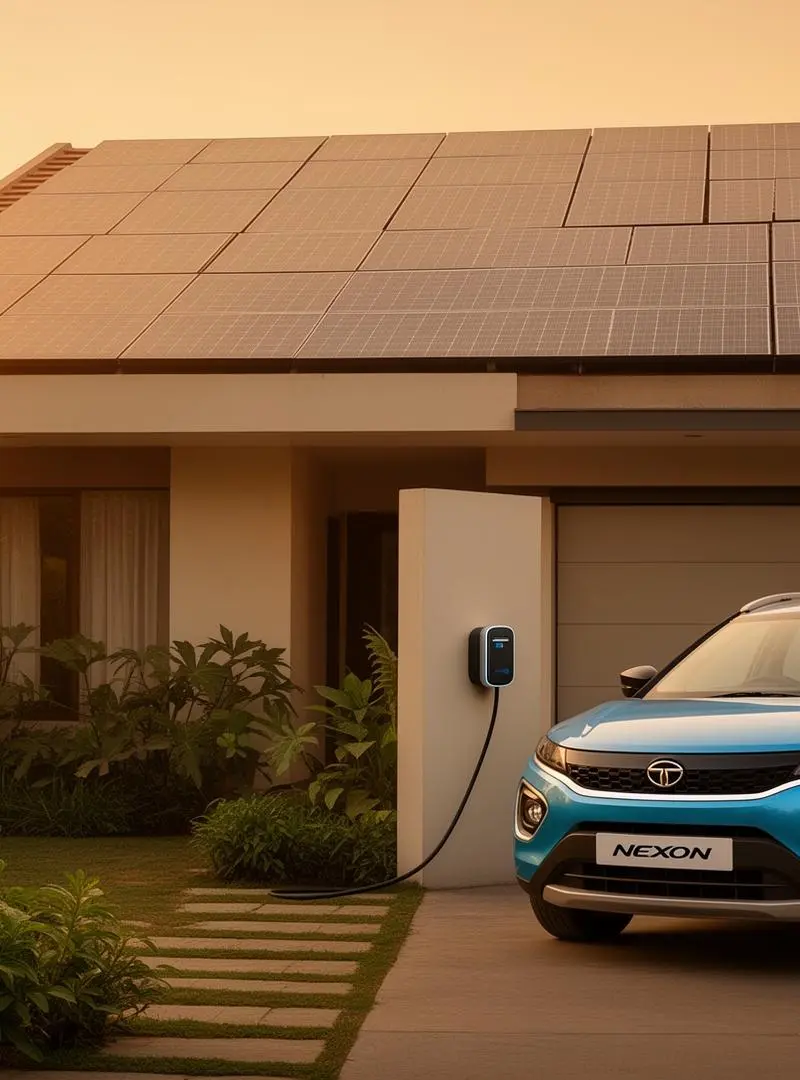 Tata Nexon EV charging at a Delhi home with rooftop solar panels at sunset
