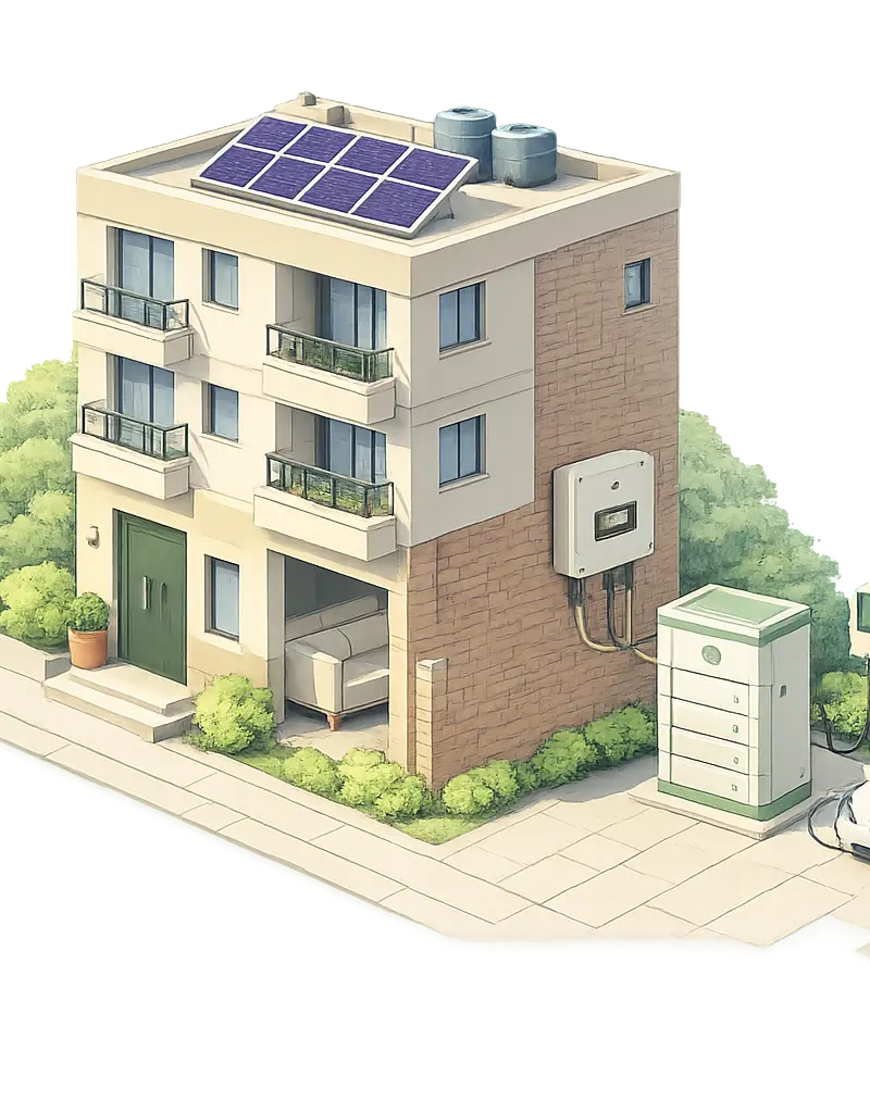 Indian home with rooftop solar panels, hybrid inverter, battery storage and EV charger