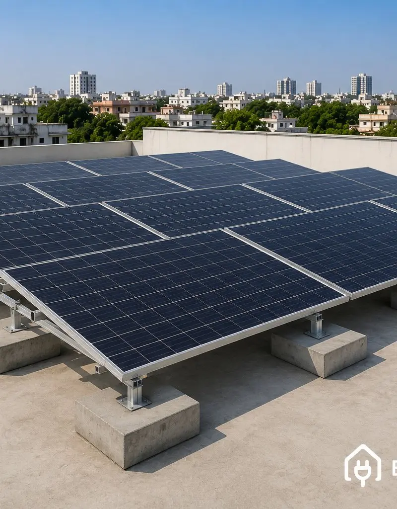 Ballasted rooftop solar array on concrete block footings — Bridgeway installation